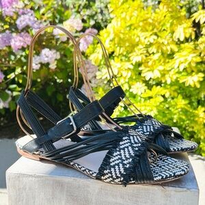 Loeffler‎ Randall Black Cream Raffia Sandal
